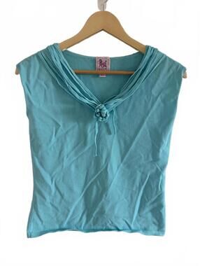 Vintage Pink Poodle Top Womens Size S Turquoise Sleeveless Cowl Neck Tie Rosette